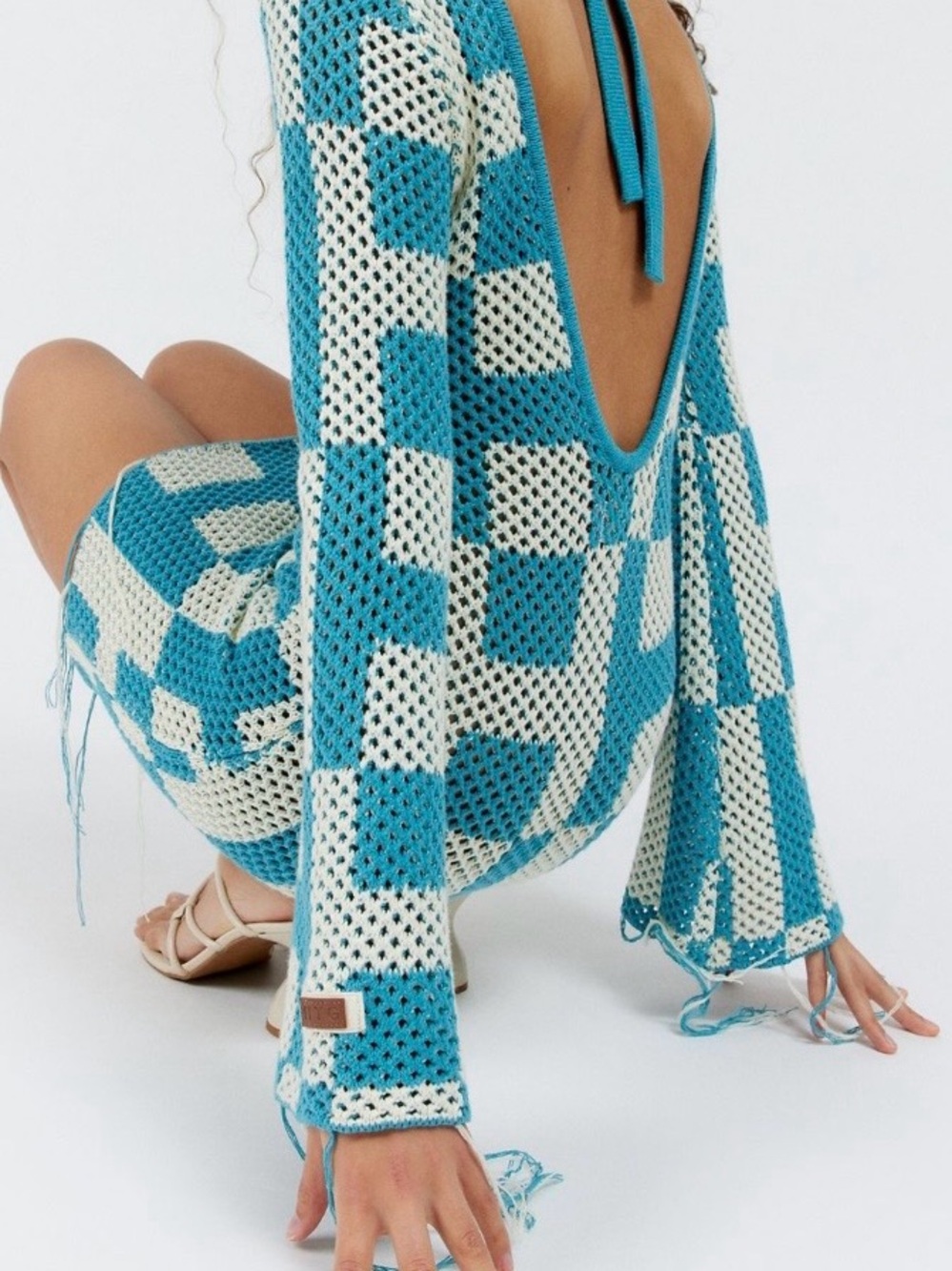 Turquoise and Cream Checker Knit Open-Back Swim Coverup